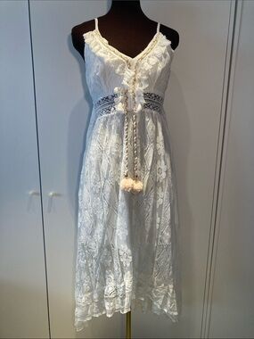 Cupshe White Lace Maxi high low Dress with Tassel Detail S